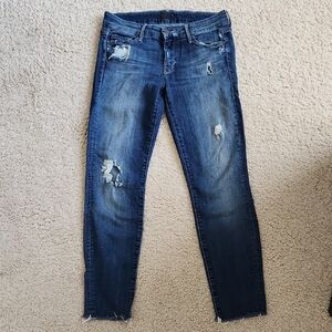 MOTHER Blue Skinny Jeans with Raw Hem and Distressed Finish